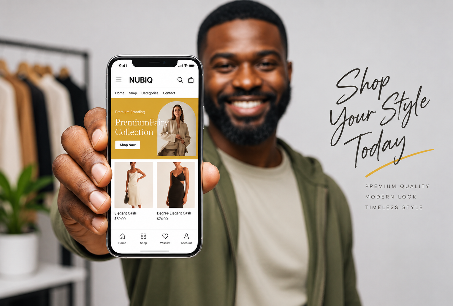 NUBIQ fashion campaign: a smiling man holding a phone showing the NUBIQ shopping app with the line Shop Your Style Today