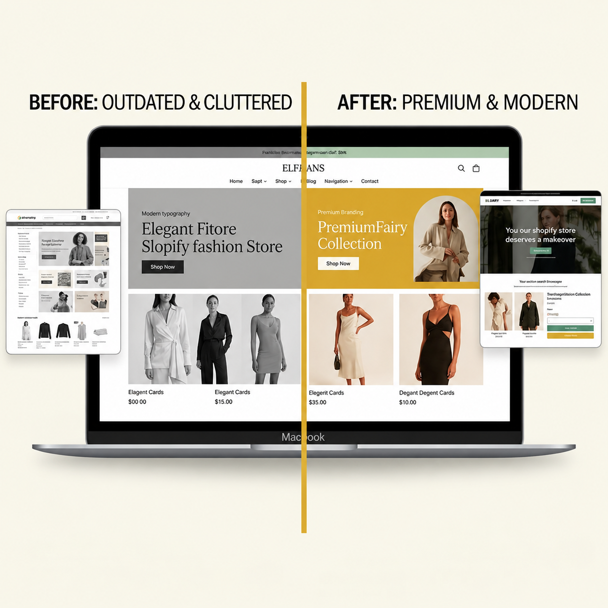 Before and after: an outdated online store redesigned into a premium, modern e-commerce website