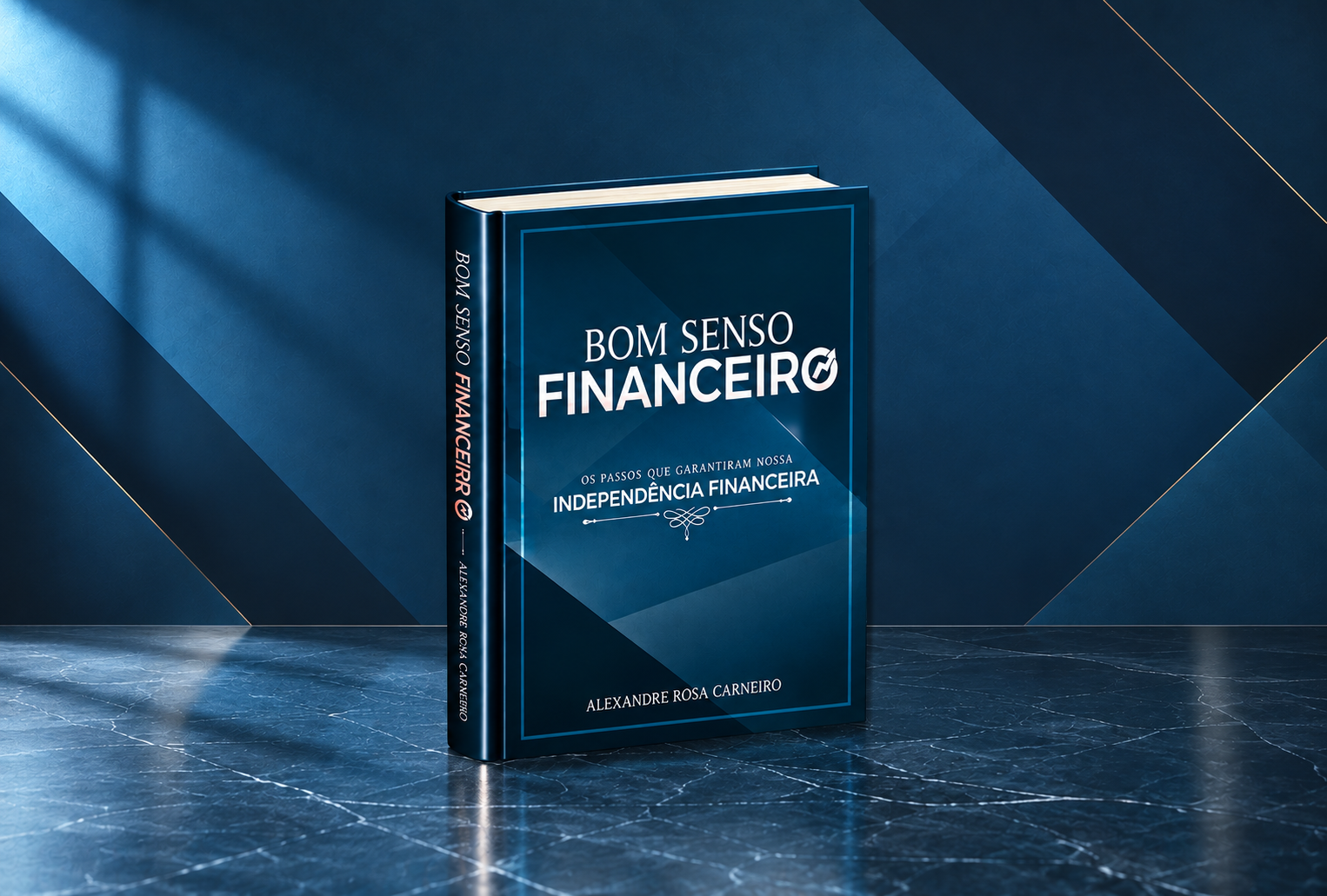 Bom Senso Financeiro hardcover book with a navy-blue geometric cover design