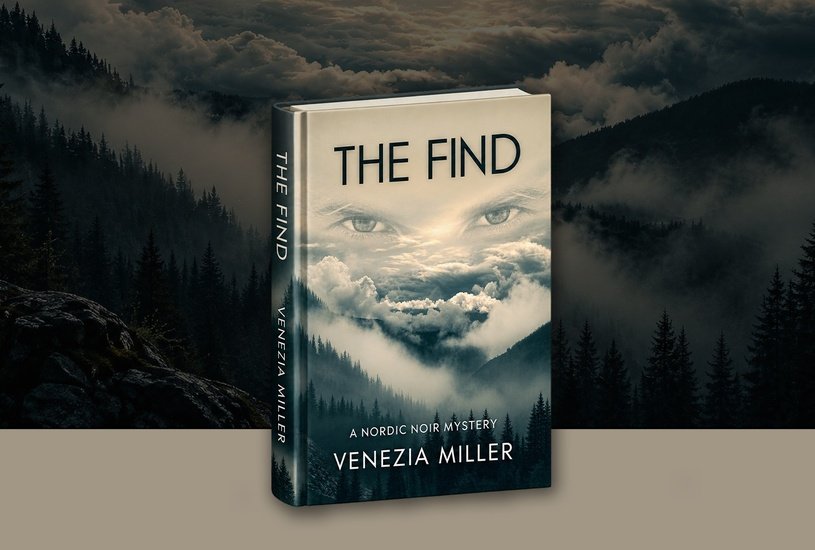 The Find, a Nordic noir mystery, shown as a finished paperback against misty mountains